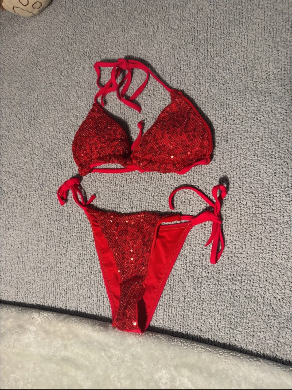 Red Sequin Halter Tie Bikini - Women Swim